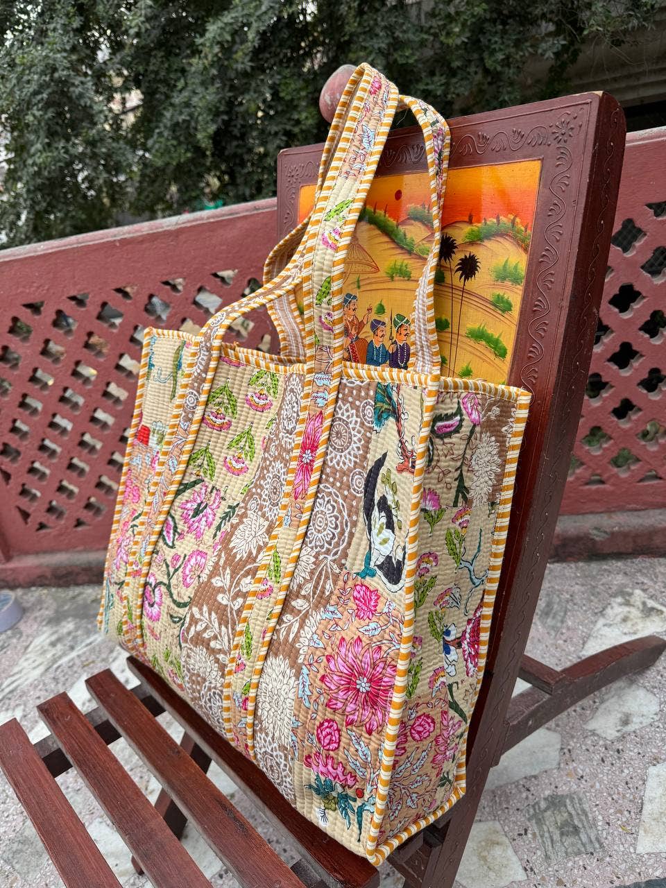 Grocery Shopping Bag Cotton Bag Floral Printed Patchwork Bag