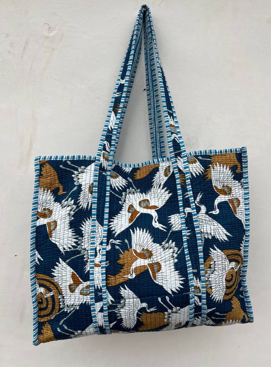 Large Market Bag Block Printed Cotton Quilted Women Tote Bag