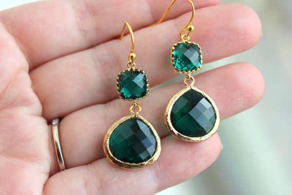 Gold Large Emerald Green Earrings
