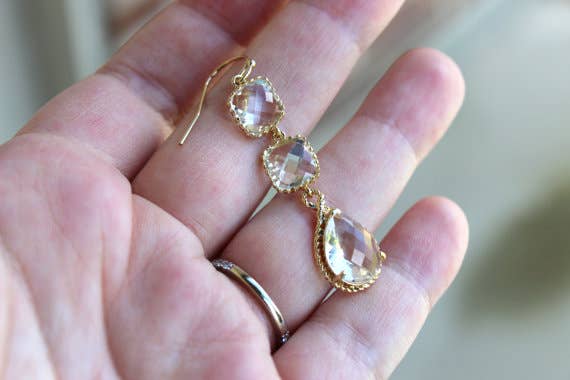 Crystal Gold Plated Clear Three Tier Earrings