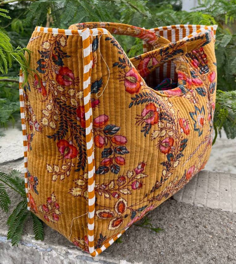 Traditional Floral Print Velvet Tote Bag Quilted Cotton Bags