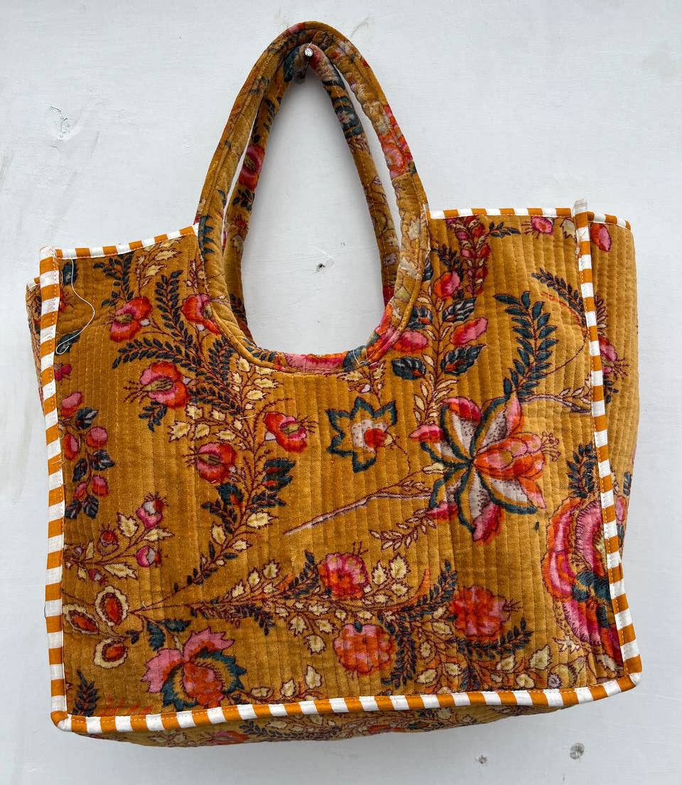 Traditional Floral Print Velvet Tote Bag Quilted Cotton Bags
