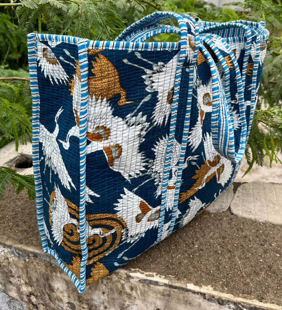 Large Market Bag Block Printed Cotton Quilted Women Tote Bag