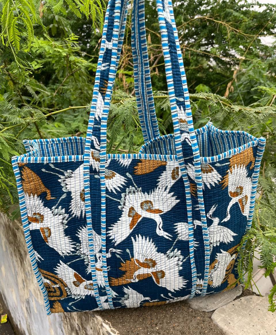 Large Market Bag Block Printed Cotton Quilted Women Tote Bag