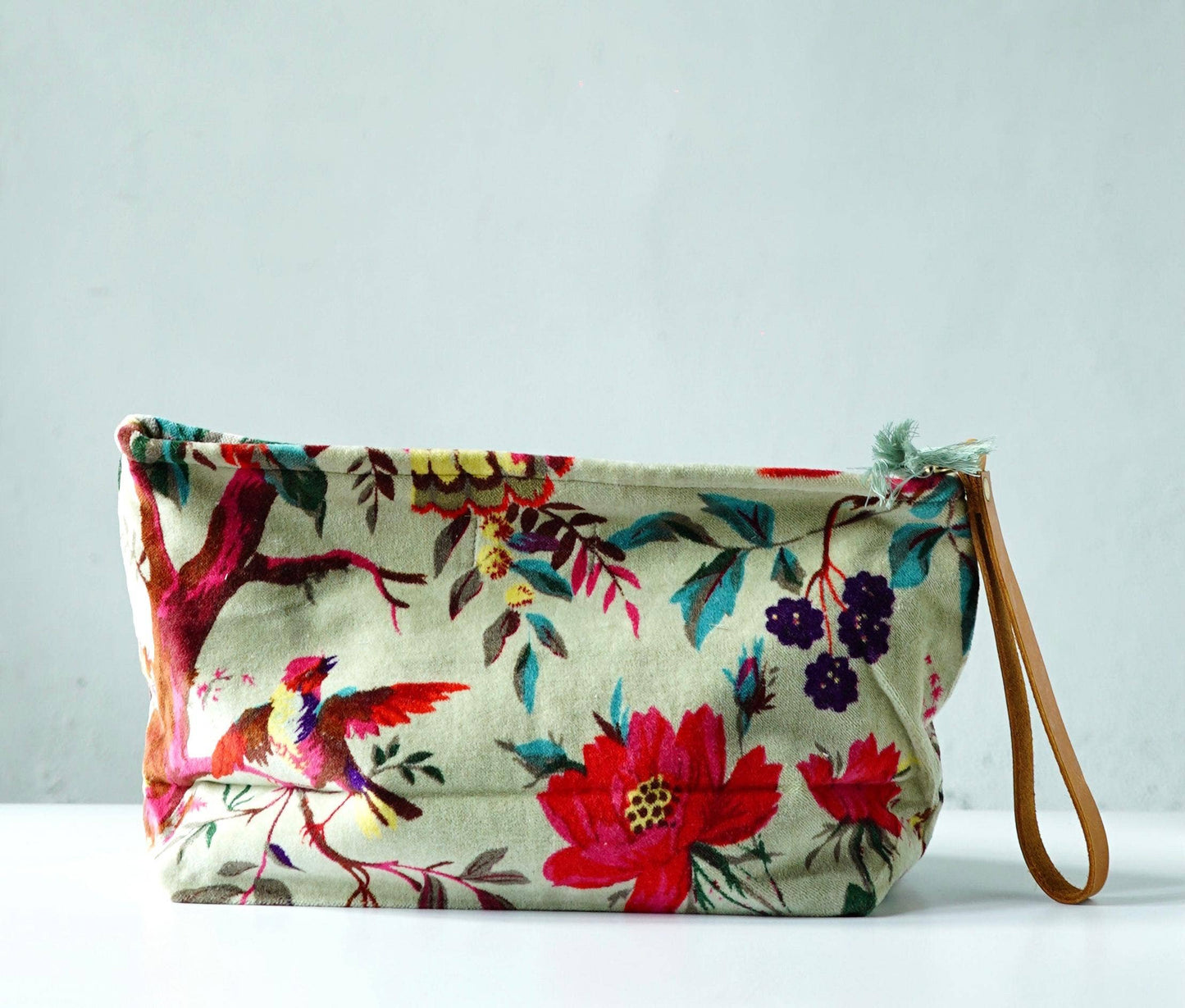 Velvet Cosmetic Bag With Leather Wristlet