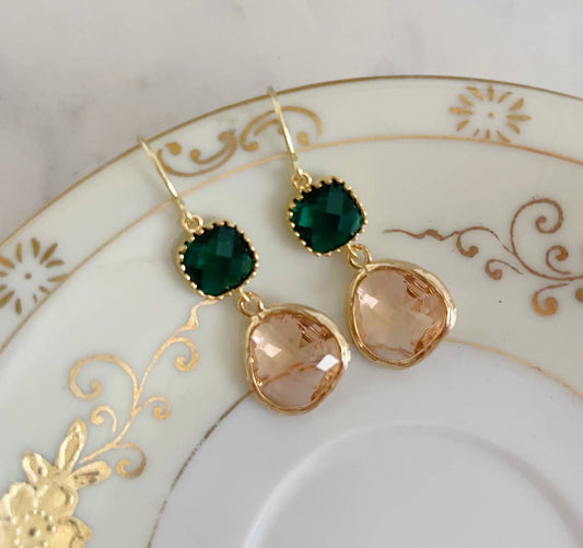 Gold Emerald Green Champagne Blush Earrings