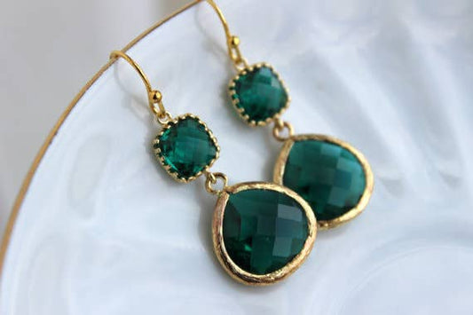 Gold Large Emerald Green Earrings