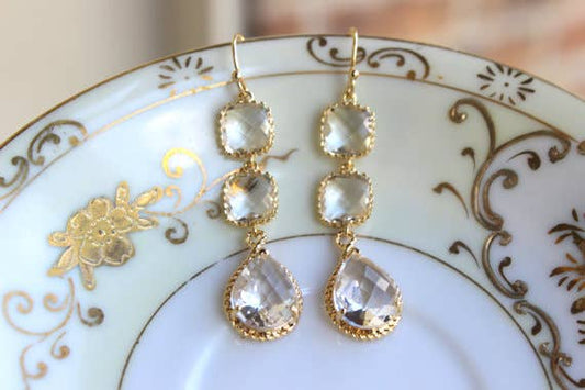 Crystal Gold Plated Clear Three Tier Earrings
