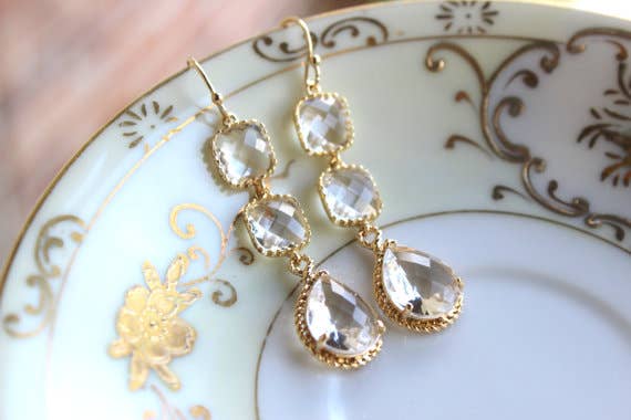 Crystal Gold Plated Clear Three Tier Earrings