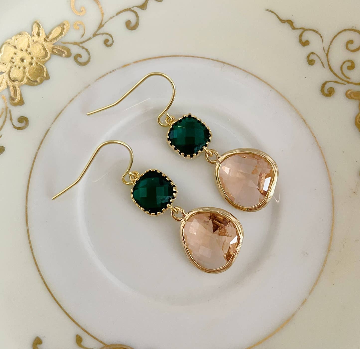 Gold Emerald Green Champagne Blush Earrings