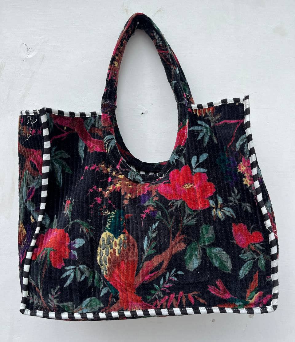 Bird Printed Velvet Cotton Bag Tote Bag Travel Bag For Women