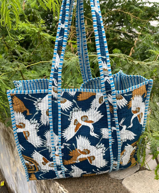 Large Market Bag Block Printed Cotton Quilted Women Tote Bag