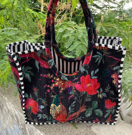 Bird Printed Velvet Cotton Bag Tote Bag Travel Bag For Women