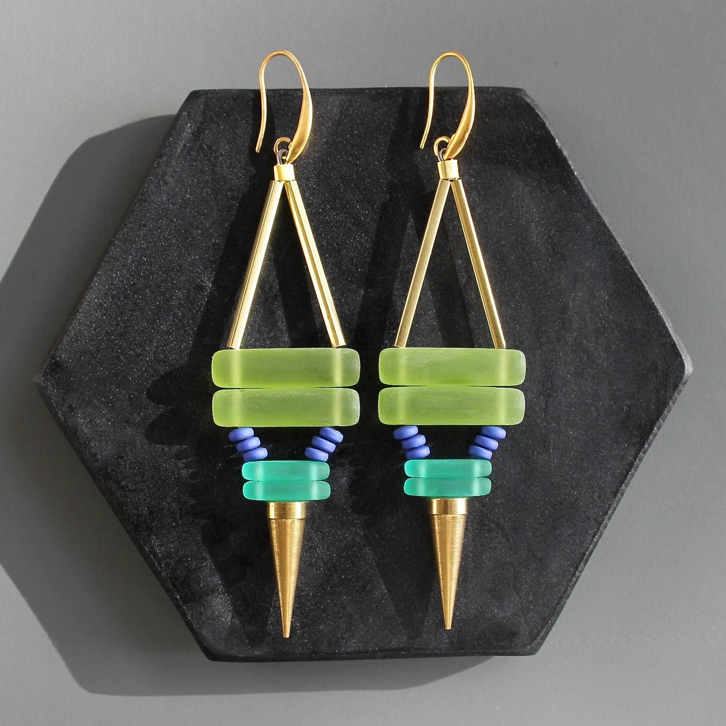 KYLE77 green and cobalt spike earrings