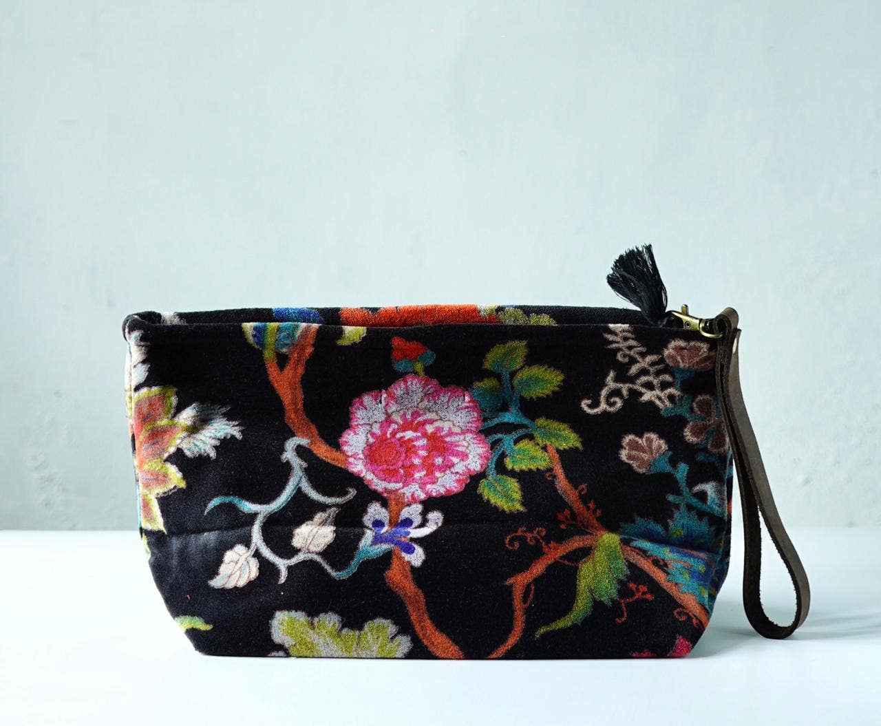 Velvet  Cosmetic Bag With Leather Wristlet
