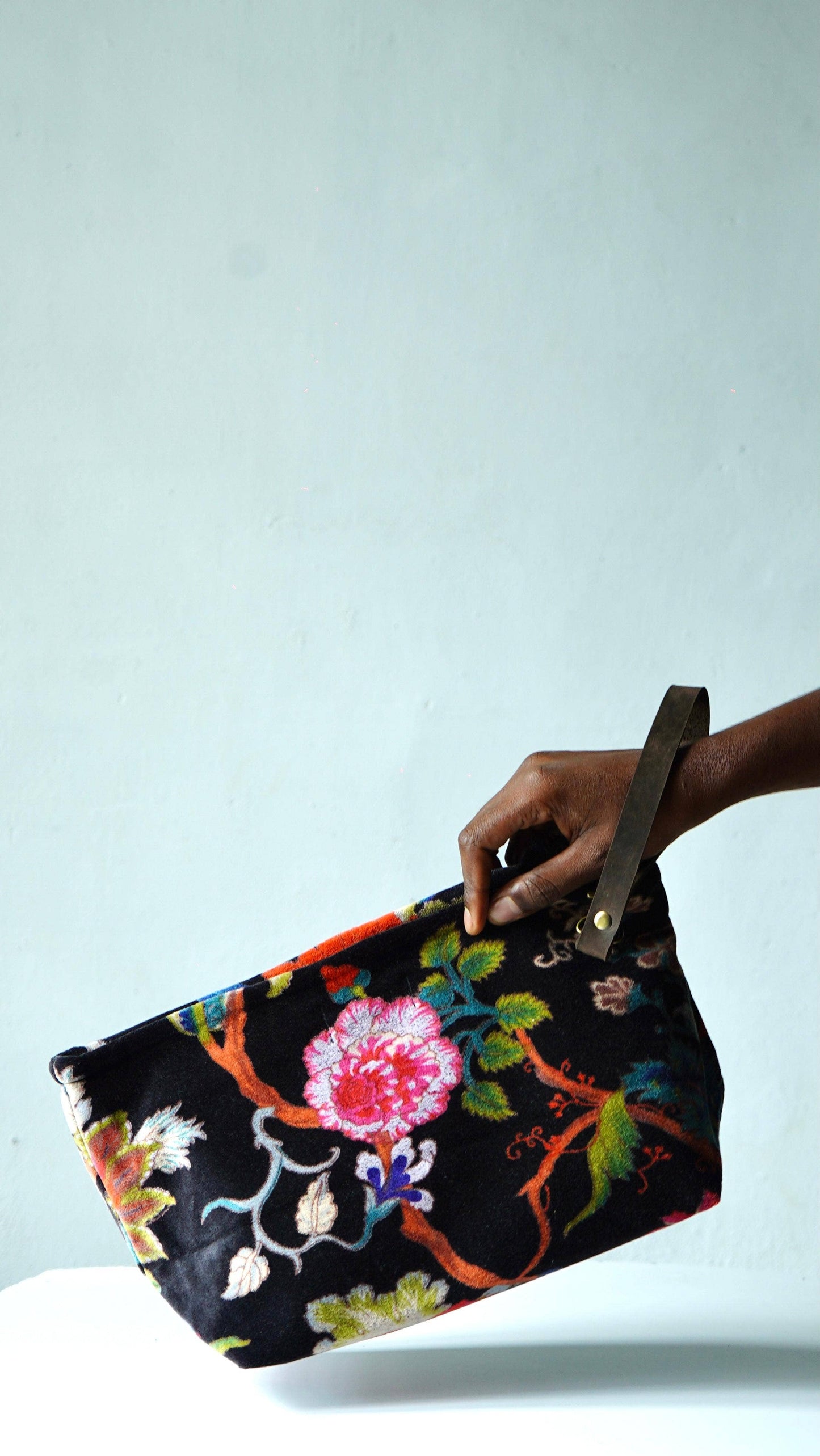 Velvet  Cosmetic Bag With Leather Wristlet