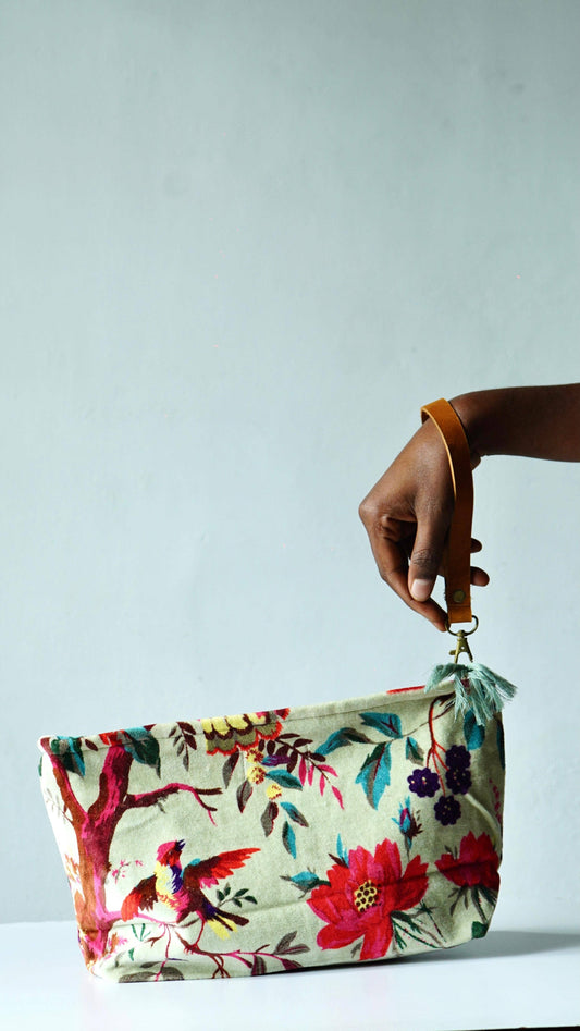 Velvet  Cosmetic Bag With Leather Wristlet
